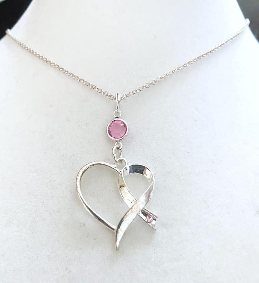 Breast Cancer Pink Heart Awareness Ribbon Necklace Crystal Sterling Silver You Select Chain Length
