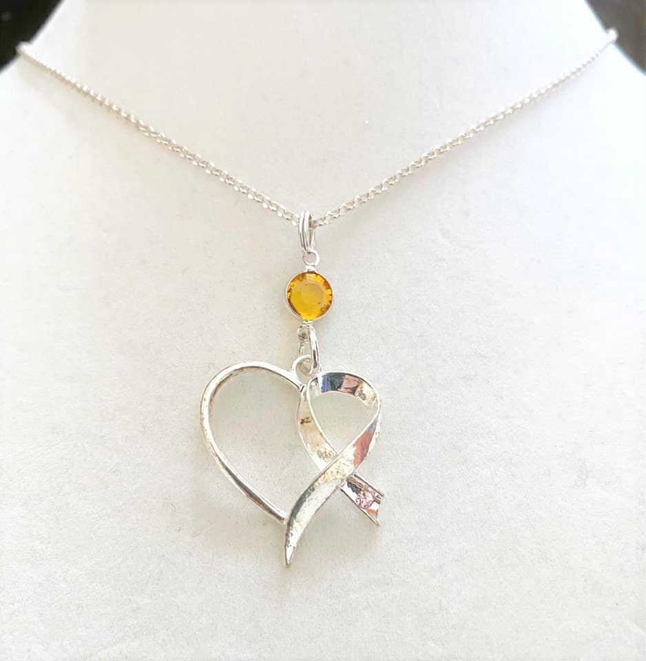 Gold Childhood Pediatric Cancer Awareness Ribbon Heart Necklace Crystal Sterling Silver You Select Chain Length