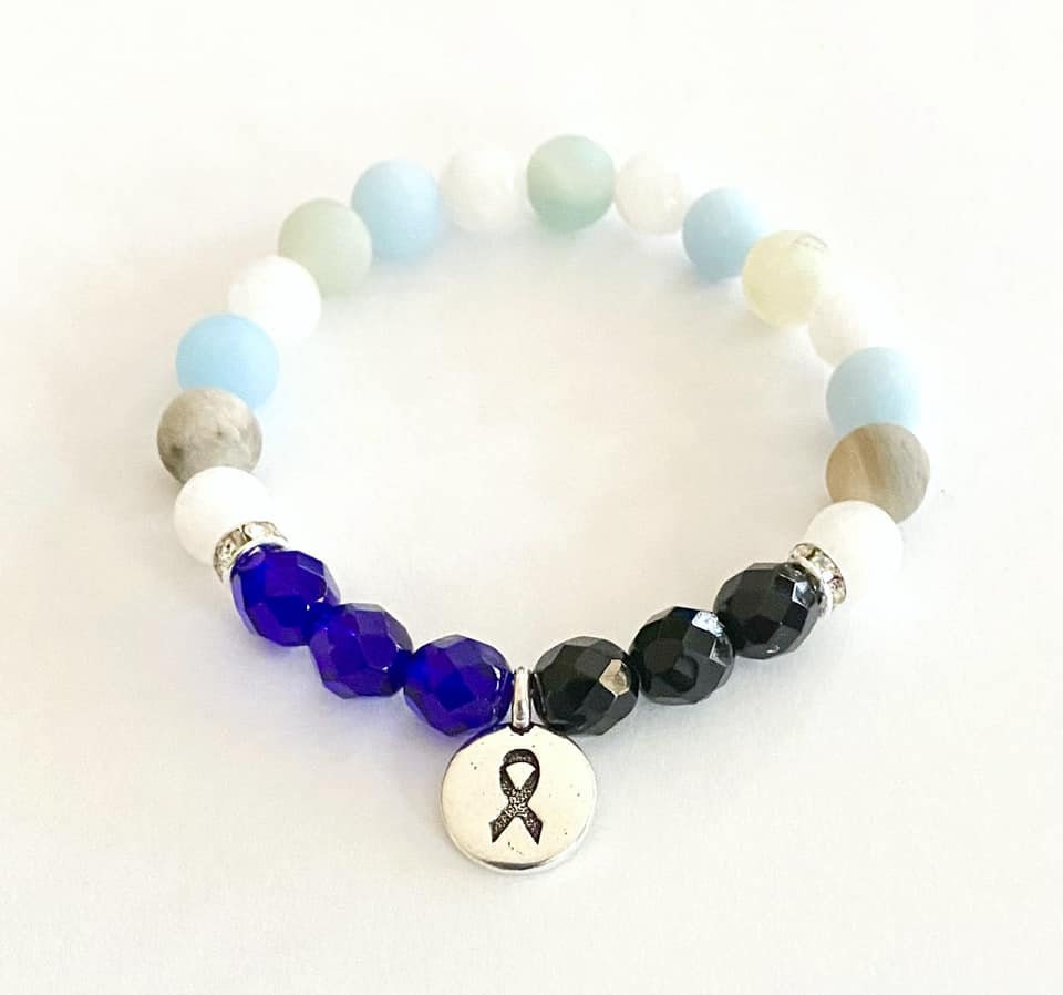 Ocular Melanoma Skin Cancer Black Healing Tranquility Peace Awareness Stretch Bracelet Moonstone Amazonite Chalcedony Beads