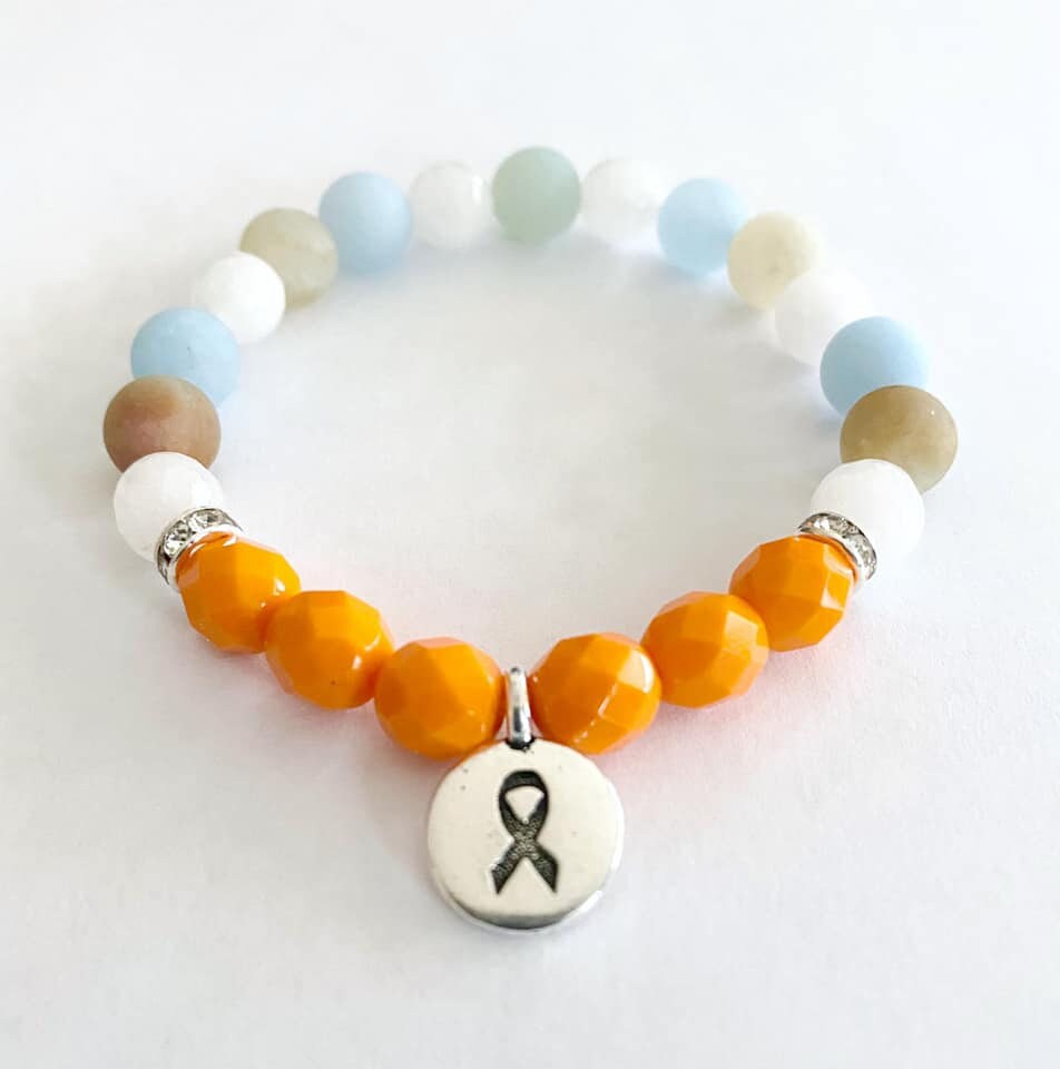 Orange Awareness Healing Tranquility Peace Stretch Bracelet Leukemia Multiple Sclerosis Kidney Cancer Moonstone Amazonite Chalcedony Beads