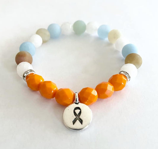 Orange Awareness Healing Tranquility Peace Stretch Bracelet Leukemia Multiple Sclerosis Kidney Cancer Moonstone Amazonite Chalcedony Beads