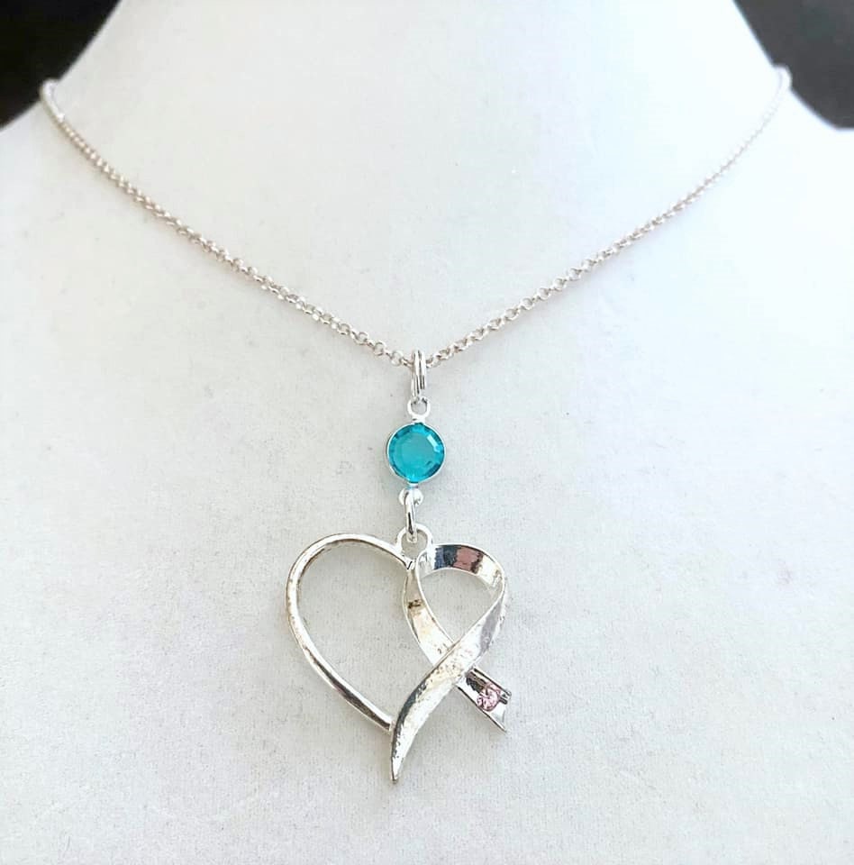 Teal Awareness Ribbon Heart Necklace Crystal Sterling Silver You Select Chain Length