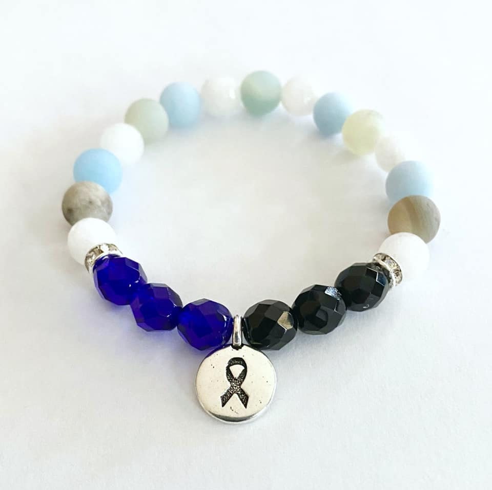 Ocular Melanoma Skin Cancer Black Healing Tranquility Peace Awareness Stretch Bracelet Moonstone Amazonite Chalcedony Beads