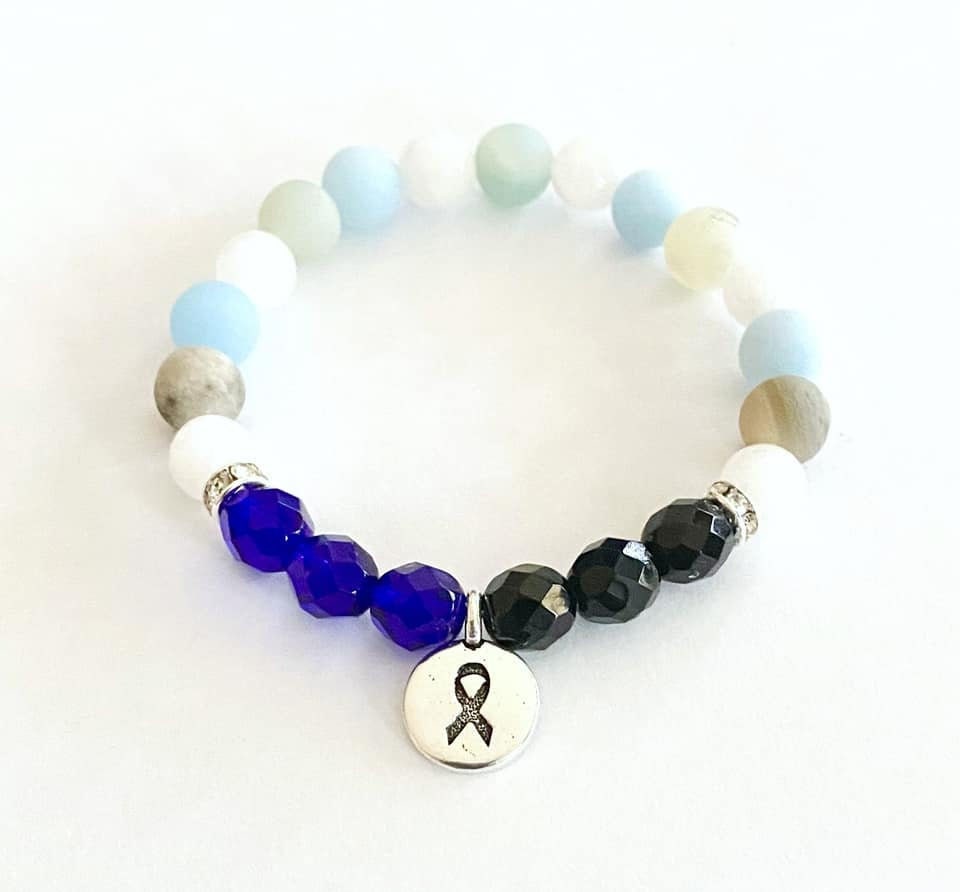 Ocular Melanoma Skin Cancer Black Healing Tranquility Peace Awareness Stretch Bracelet Moonstone Amazonite Chalcedony Beads