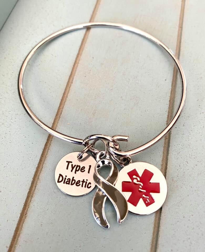 Type 1 Diabetic Medical Alert Star of Life Gray Awareness Charm Bangle Bracelet With Optional Grey Awareness Ribbon Charm