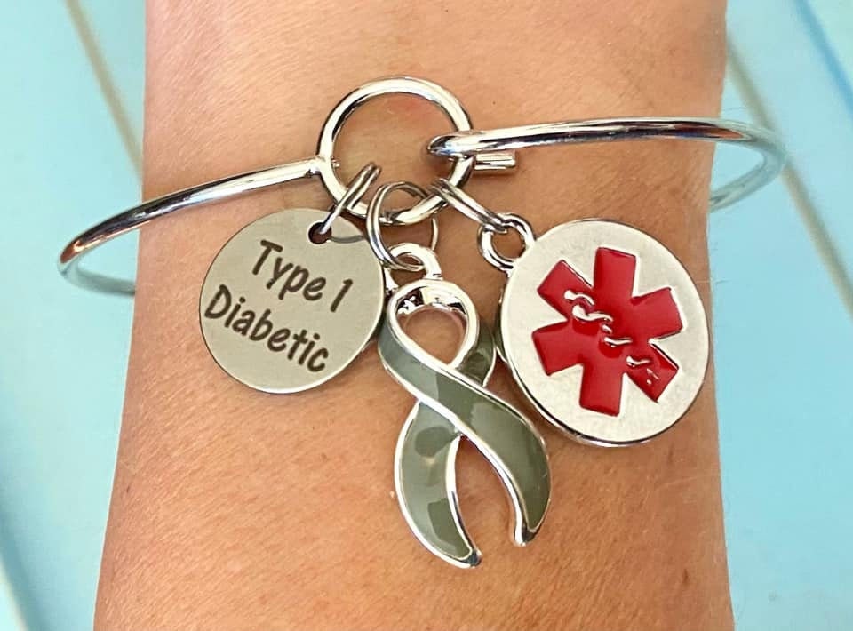 Type 1 Diabetic Medical Alert Star of Life Gray Awareness Charm Bangle Bracelet With Optional Grey Awareness Ribbon Charm