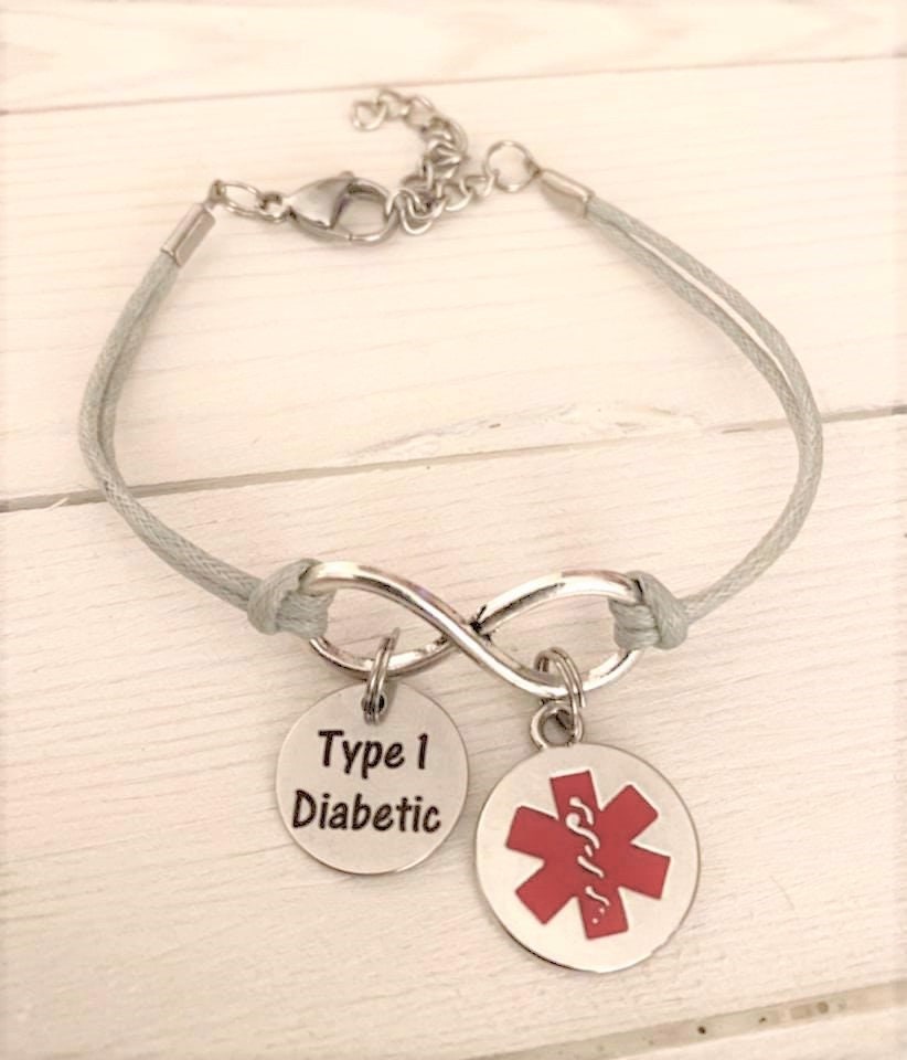 Type 1 Diabetic Medical Alert Star of Life Gray Infinity Charm Bracelet