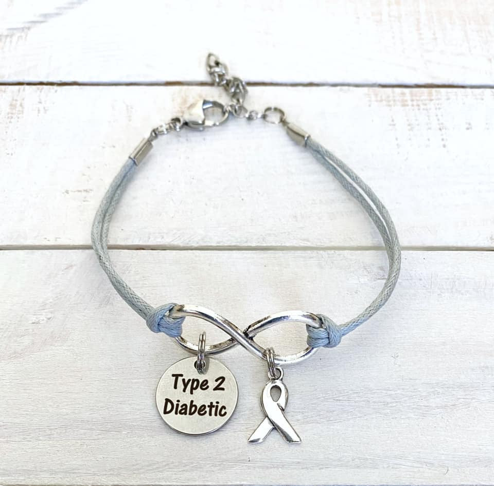 Diabetes Type 2 Gray Awareness Infinity Bracelet Sterling Silver Ribbon Charm Laser Engraved Charm