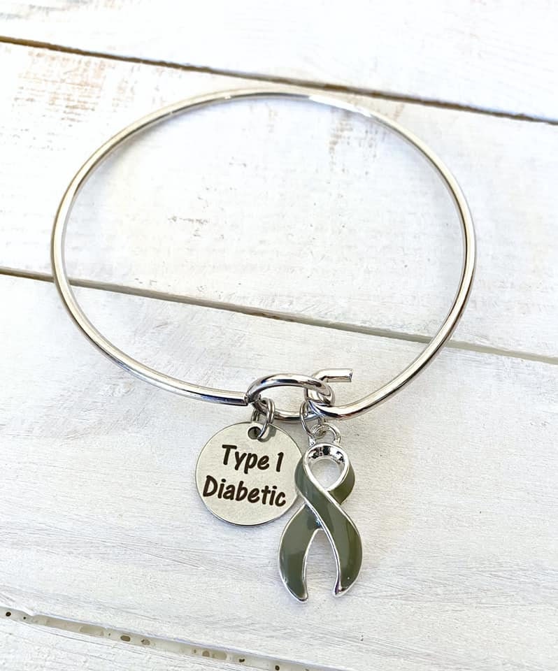 Type 1 Diabetic Awareness Charm Loop Bangle Bracelet With Your Choice of Sterling Silver or Gray Ribbon Charm