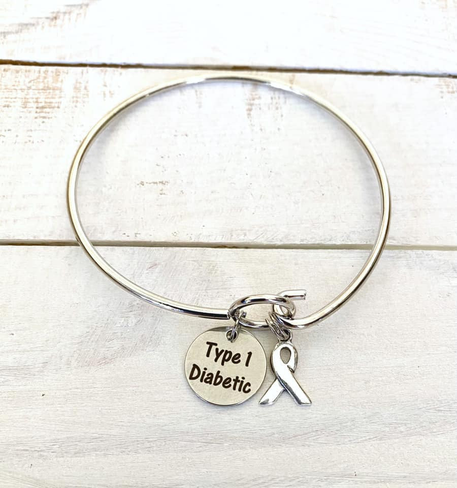 Type 1 Diabetic Awareness Charm Loop Bangle Bracelet With Your Choice of Sterling Silver or Gray Ribbon Charm