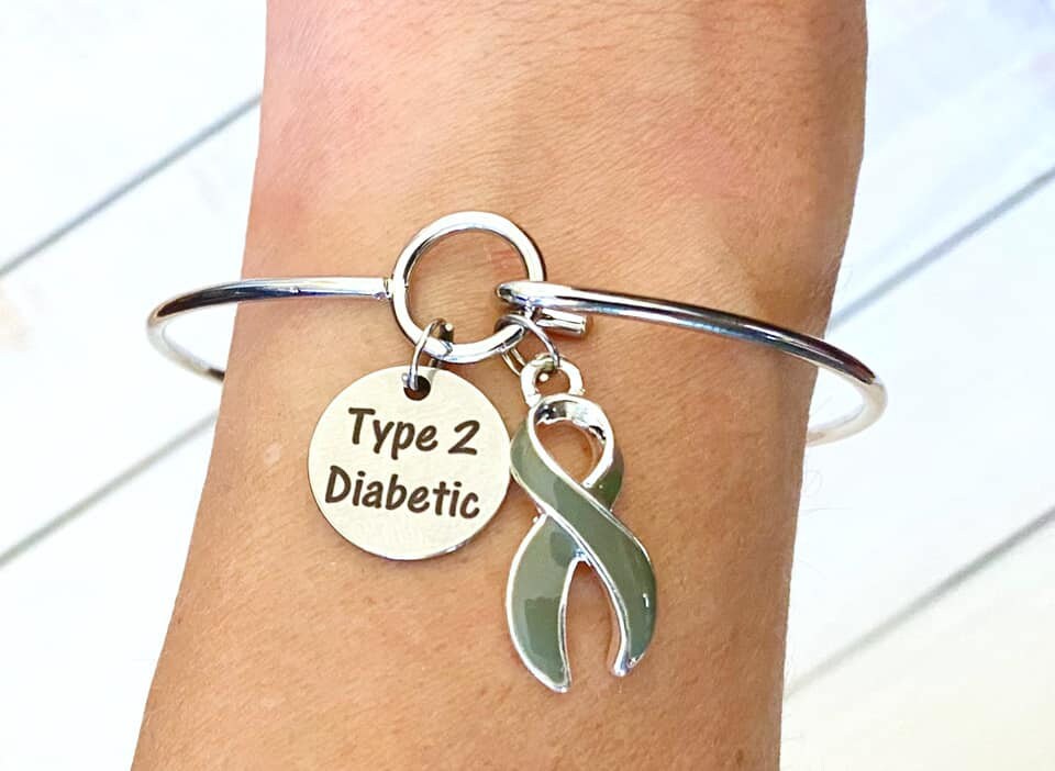 Type 2 Diabetic Awareness Charm Loop Bangle Bracelet With Your Choice of Sterling Silver or Gray Ribbon Charm