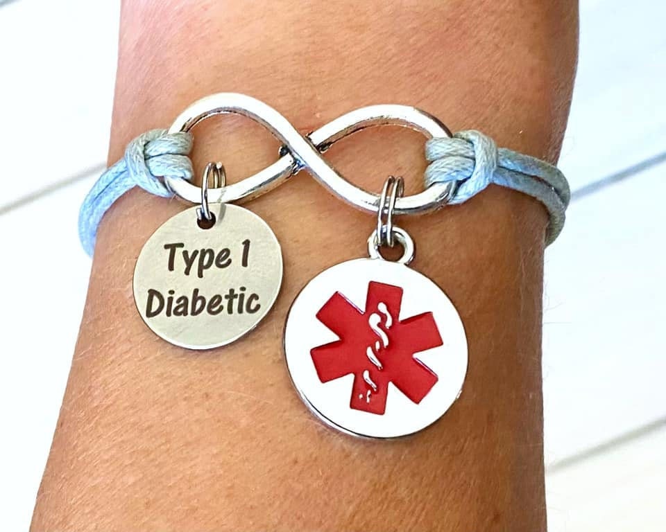Type 1 Diabetic Medical Alert Star of Life Gray Infinity Charm Bracelet