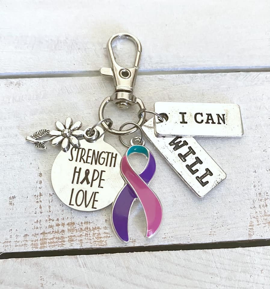 Thyroid Pink Purple Teal Awareness Strength Hope Love Daisy Flower I Can I Will Zipper Pull Thyroid Cancer Hashimotos Graves Hypothyroid