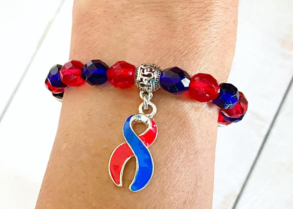 Red and Blue Awareness Ribbon Infinity Glass Beaded Stretch Bracelet