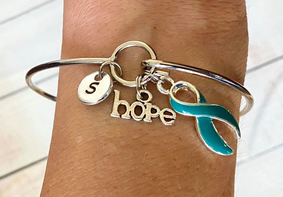 Teal LOVE HOPE Customizable Awareness Charm Bangle Bracelet With Optional Love Hope and Letter Charm