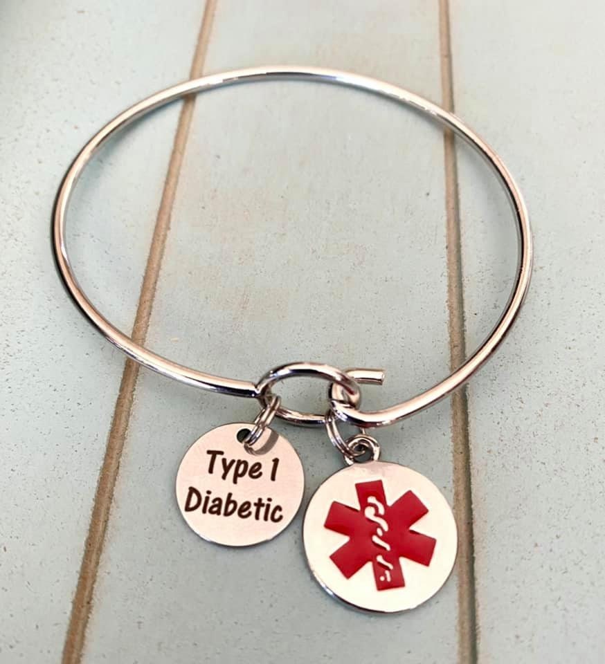 Type 1 Diabetic Medical Alert Star of Life Gray Awareness Charm Bangle Bracelet With Optional Grey Awareness Ribbon Charm
