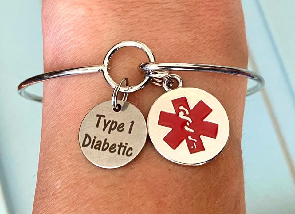 Type 1 Diabetic Medical Alert Star of Life Gray Awareness Charm Bangle Bracelet With Optional Grey Awareness Ribbon Charm