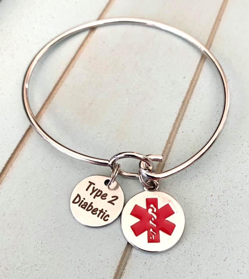 Type 2 Diabetic Medical Alert Star of Life Gray Awareness Charm Bangle Bracelet With Optional Grey Awareness Ribbon Charm