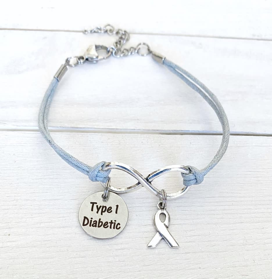 Diabetes Type 1 Gray Awareness Infinity Bracelet Sterling Silver Ribbon Charm Laser Engraved Charm