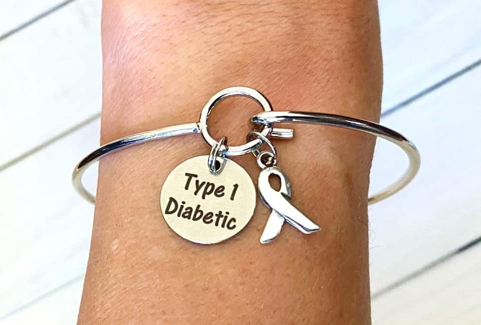 Type 1 Diabetic Awareness Charm Loop Bangle Bracelet With Your Choice of Sterling Silver or Gray Ribbon Charm