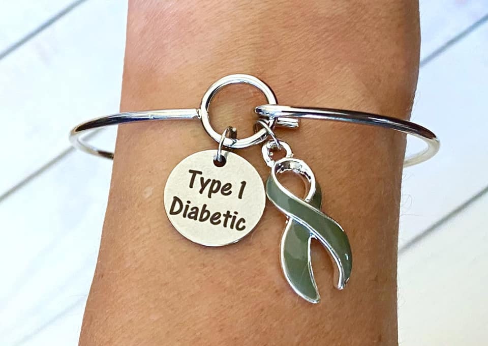 Type 1 Diabetic Awareness Charm Loop Bangle Bracelet With Your Choice of Sterling Silver or Gray Ribbon Charm
