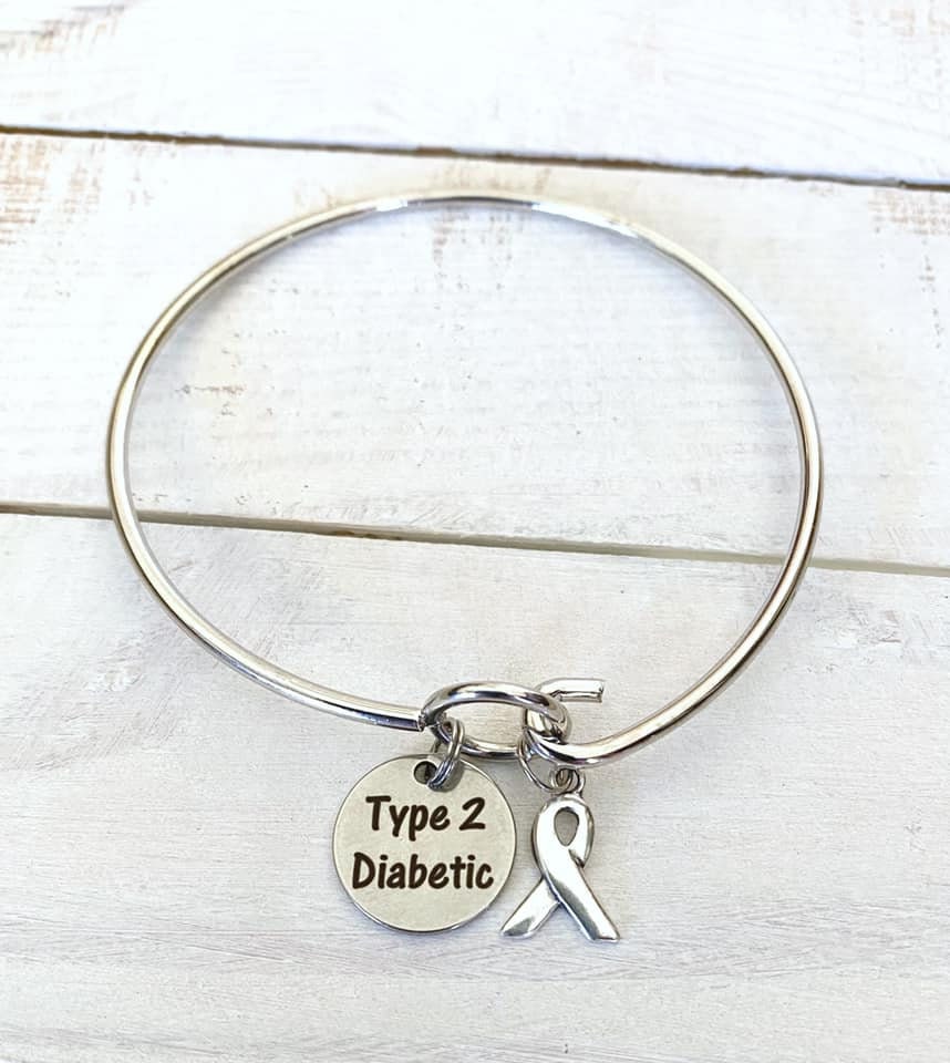 Type 2 Diabetic Awareness Charm Loop Bangle Bracelet With Your Choice of Sterling Silver or Gray Ribbon Charm