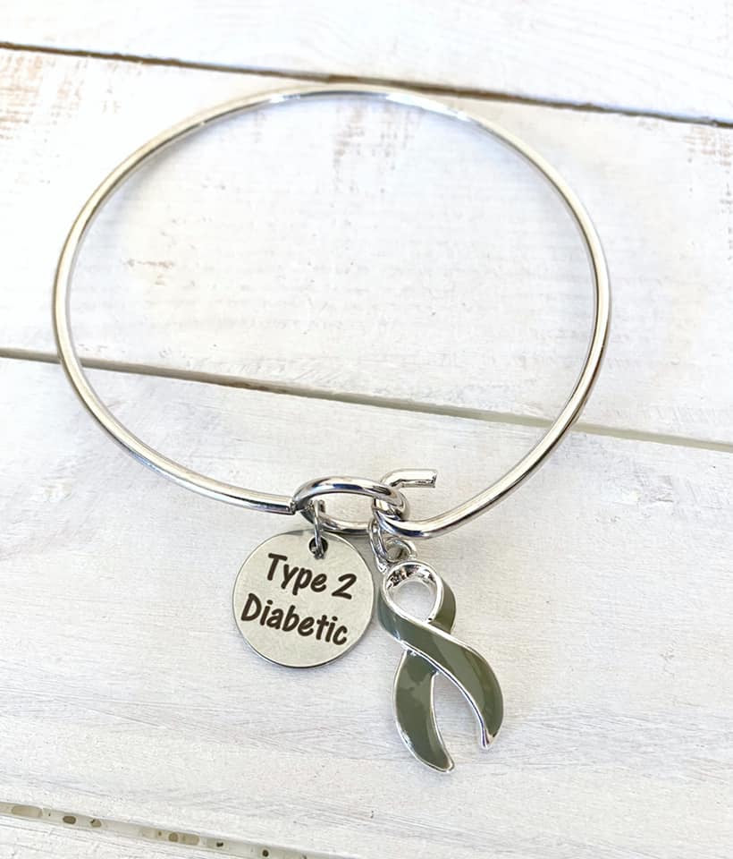 Type 2 Diabetic Awareness Charm Loop Bangle Bracelet With Your Choice of Sterling Silver or Gray Ribbon Charm