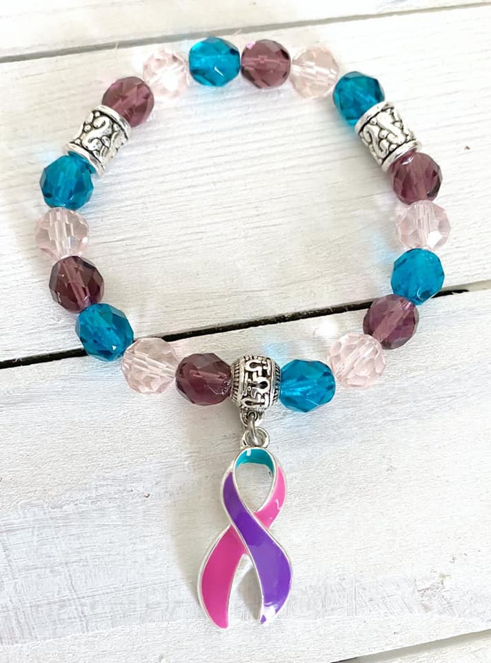 Thyroid Cancer Disease Hashimotos Graves Lupus Hypothyroid Hyperthyroid Awareness Ribbon Infinity Beaded Stretch Bracelet