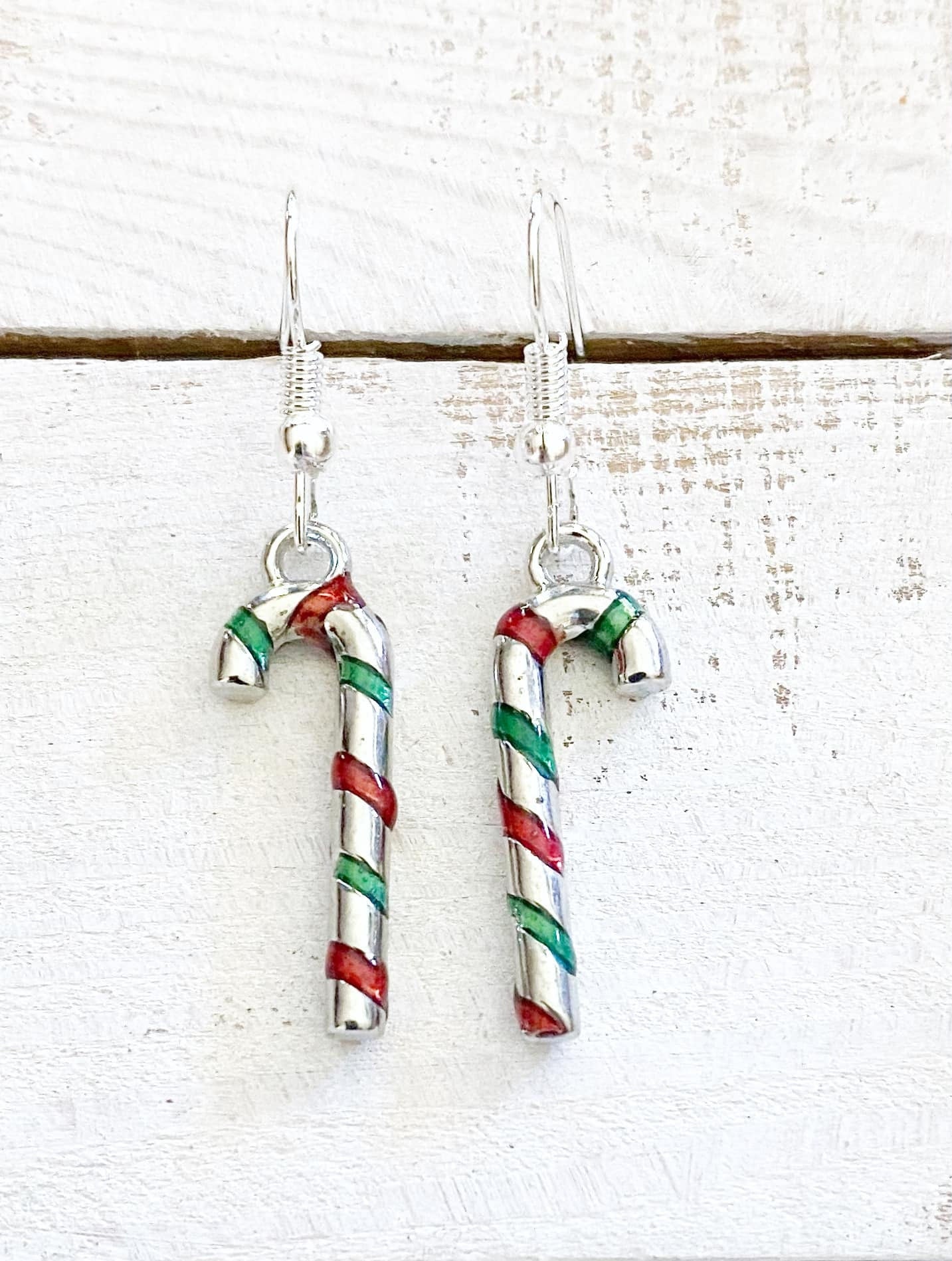 Candy Cane Christmas Holiday Candy Peppermint Red White Green Earrings Hypo Allergenic