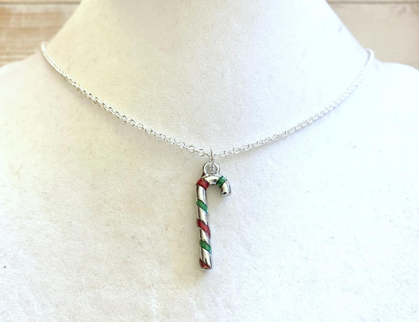 Candy Cane Christmas Holiday Candy Peppermint Silver Red Green Necklace You Select Necklace Length