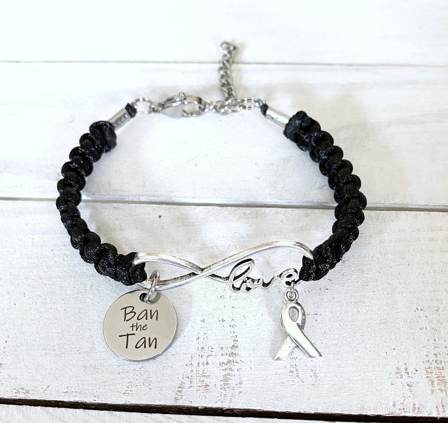 Melanoma Skin Cancer LOVE HOPE Ban the Tan Black Awareness Charm Bracelet