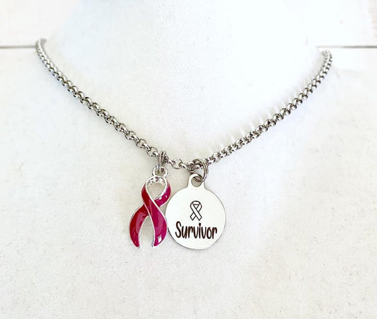 Multiple Myeloma Oral Cancer Survivor Burgundy Awareness Ribbon Necklace You Select Chain Length