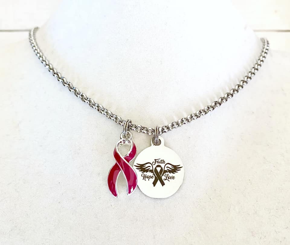 Burgundy Awareness Aneurysm Multiple Myeoloma Migraine Oral Cancer Amyloidosis Faith Hope Love Ribbon Necklace You Select Chain Length