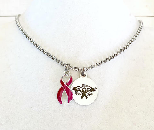 Burgundy Awareness Aneurysm Multiple Myeoloma Migraine Oral Cancer Amyloidosis Faith Hope Love Ribbon Necklace You Select Chain Length