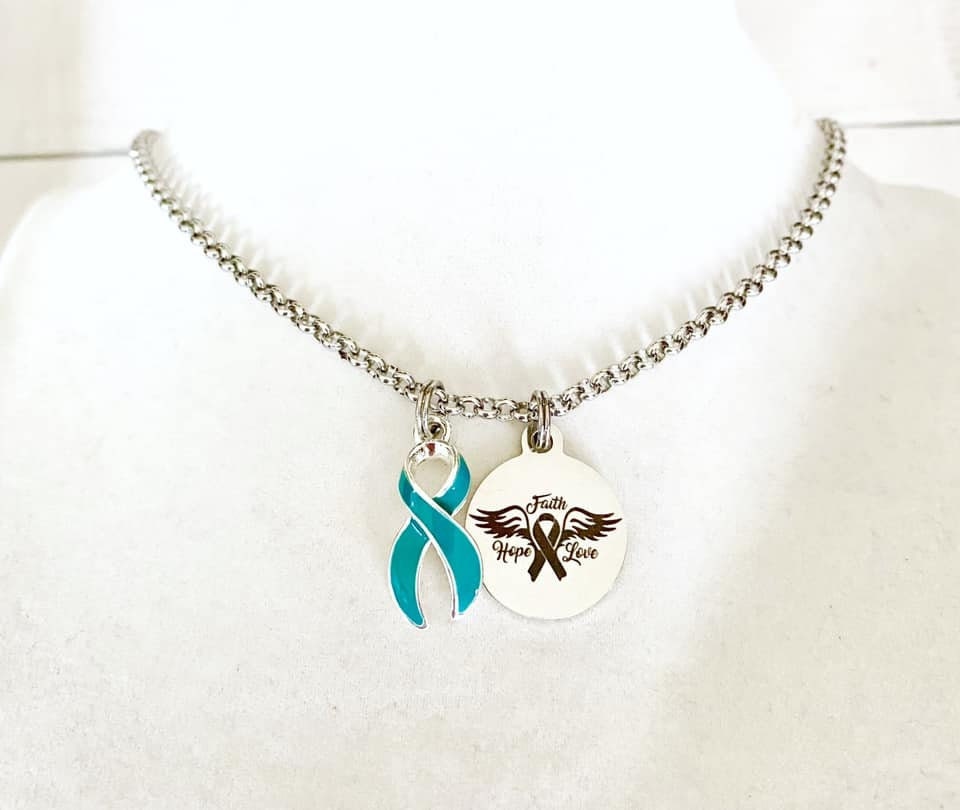 Teal Awareness Faith Hope Love Ribbon Necklace You Select Chain Length