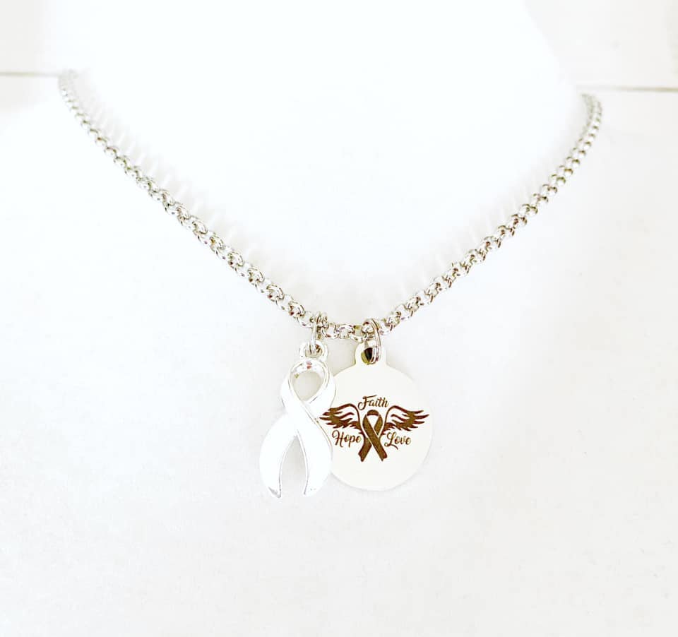 White Awareness Faith Hope Love Ribbon Necklace Lung Cancer Multiple Hereditary Exostoses Awareness SCID Awareness You Select Chain Length
