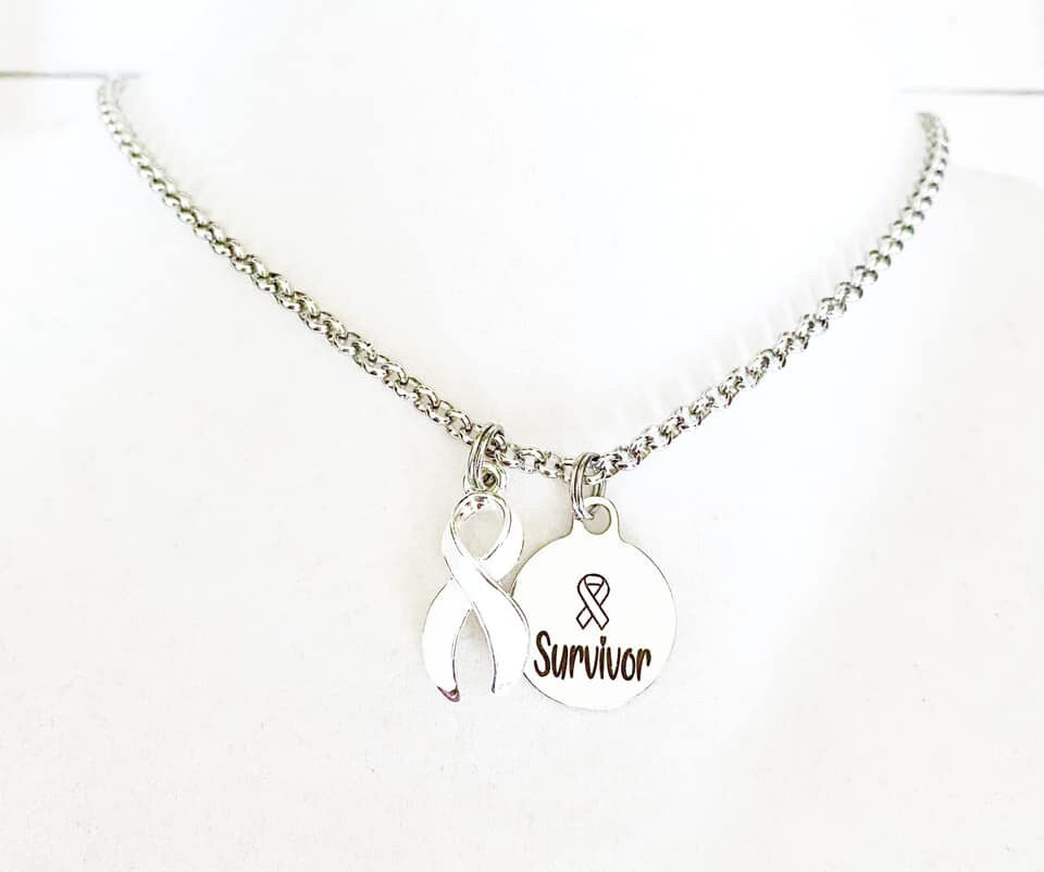 White Survivor Awareness Ribbon Necklace Lung Cancer Multiple Hereditary Exostoses Awareness SCID Awareness You Select Chain Length