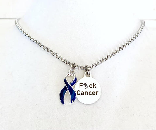 Colon Cancer F#ck Cancer Blue Awareness Ribbon Laser Engraved Necklace You Select Chain Length