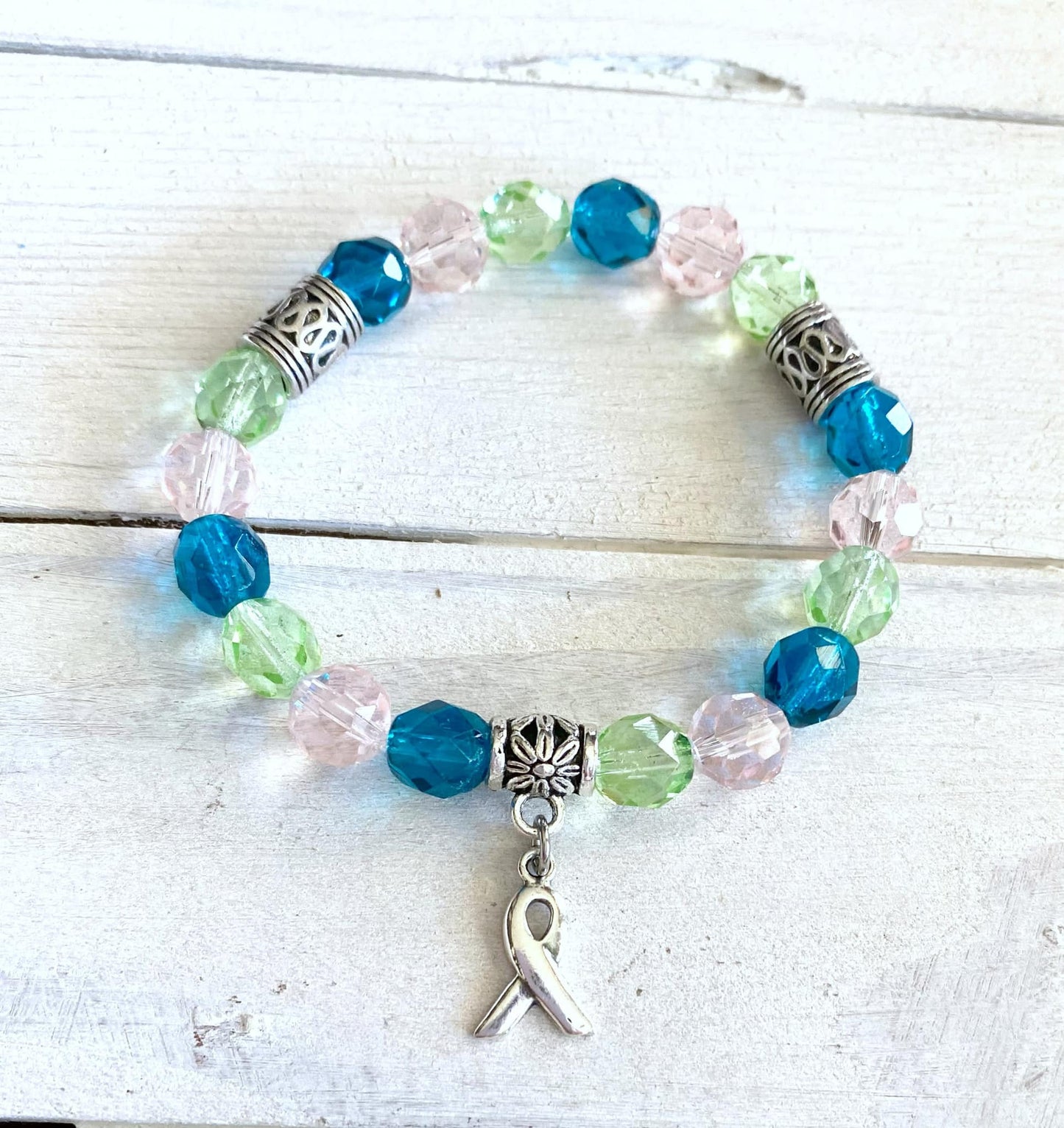 Metatasic Breast Cancer Awareness Ribbon Infinity Glass Beaded Stretch Bracelet