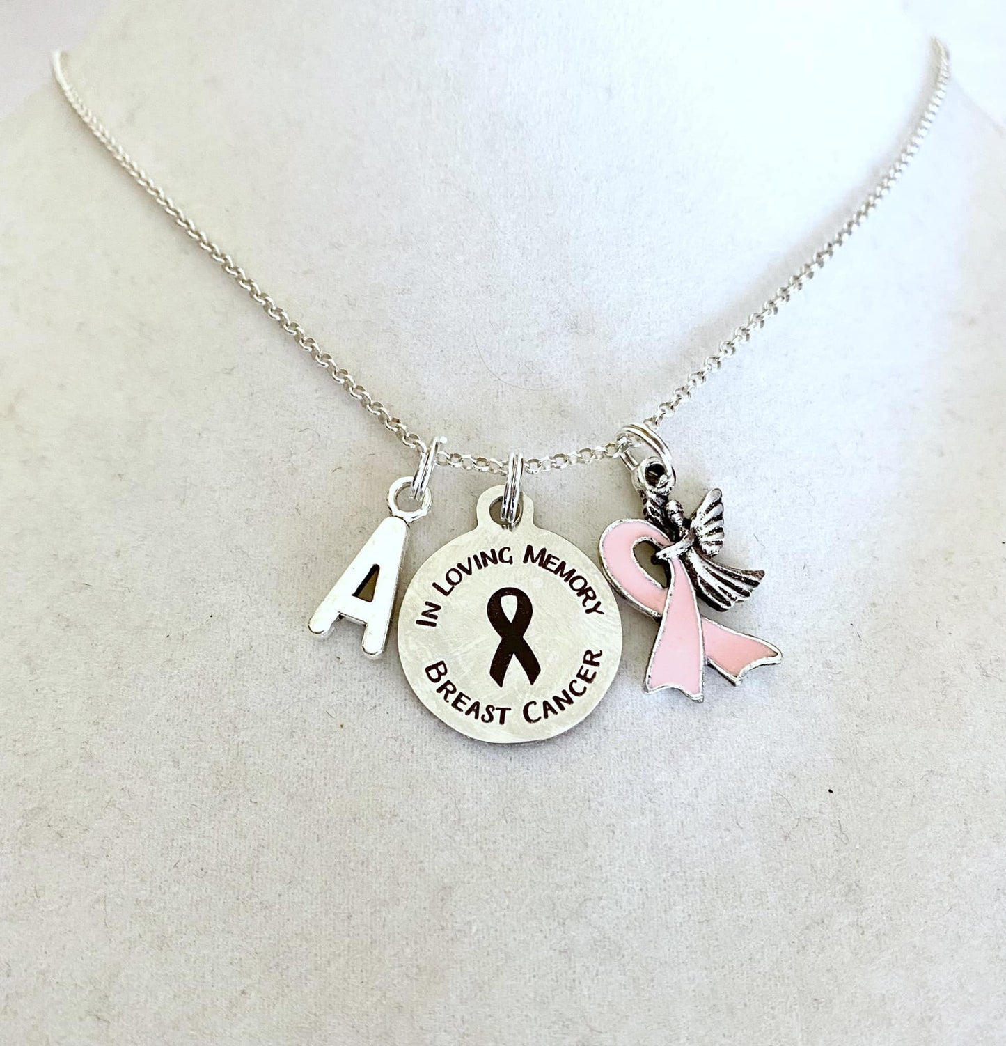 Pink Breast Cancer In Loving Memory Angel Awareness Optional Letter Initial Necklace YOU Select Chain Material and Length