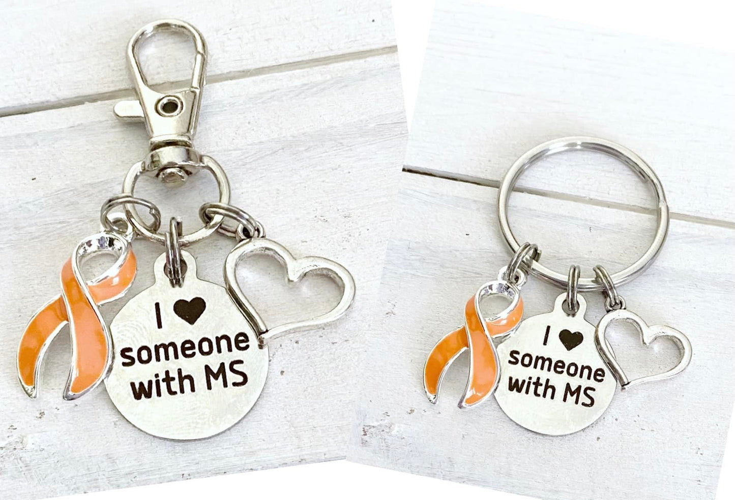 Multiple Sclerosis I Love Someone With MS Orange Ribbon Charm Keyring Zipper Pull You Select Your Choice