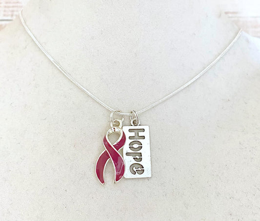 Burgundy Customizable Awareness Ribbon Charm Necklace with Optional Add On Charms