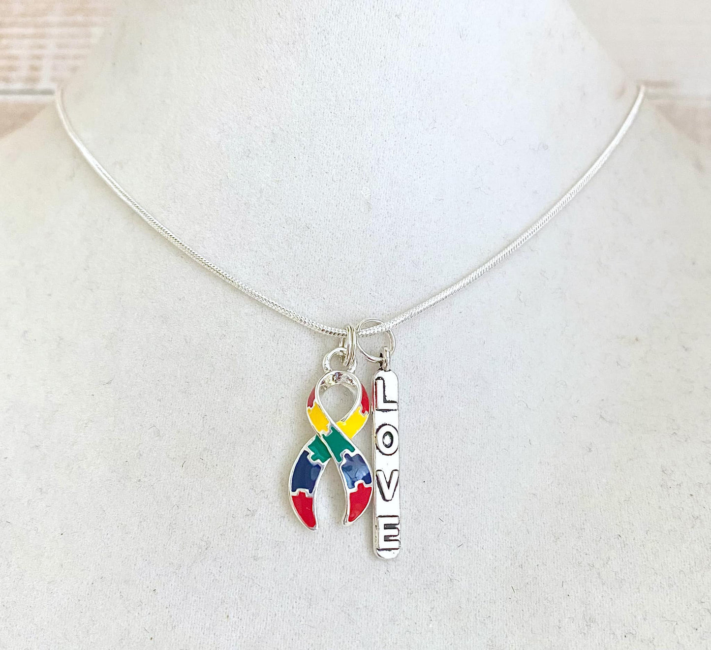 Autism Puzzle Piece Love Hope Customizable Awareness Ribbon Charm Necklace with Optional Add On Charms