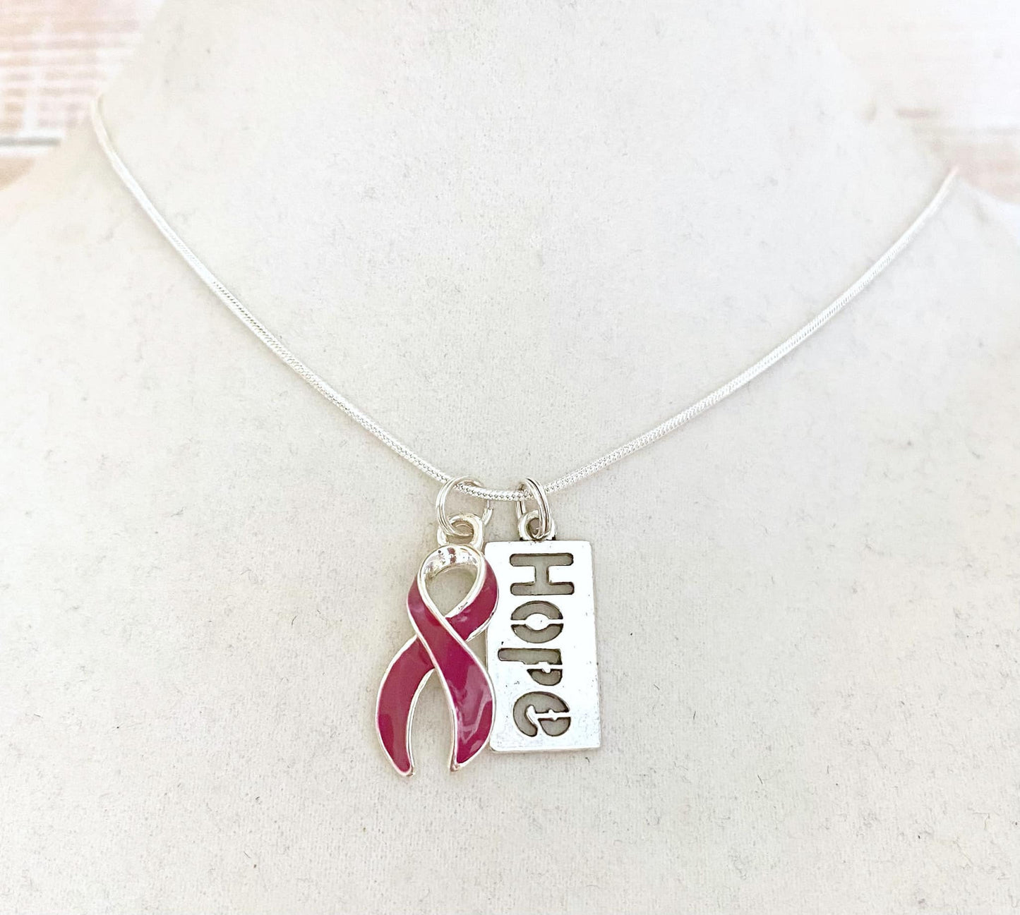 Burgundy Customizable Awareness Ribbon Charm Necklace with Optional Add On Charms
