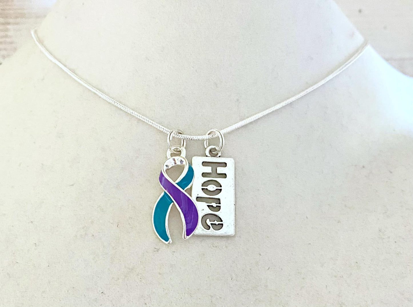 Purple Teal Customizable Awareness Ribbon Charm Necklace with Optional Add On Charms