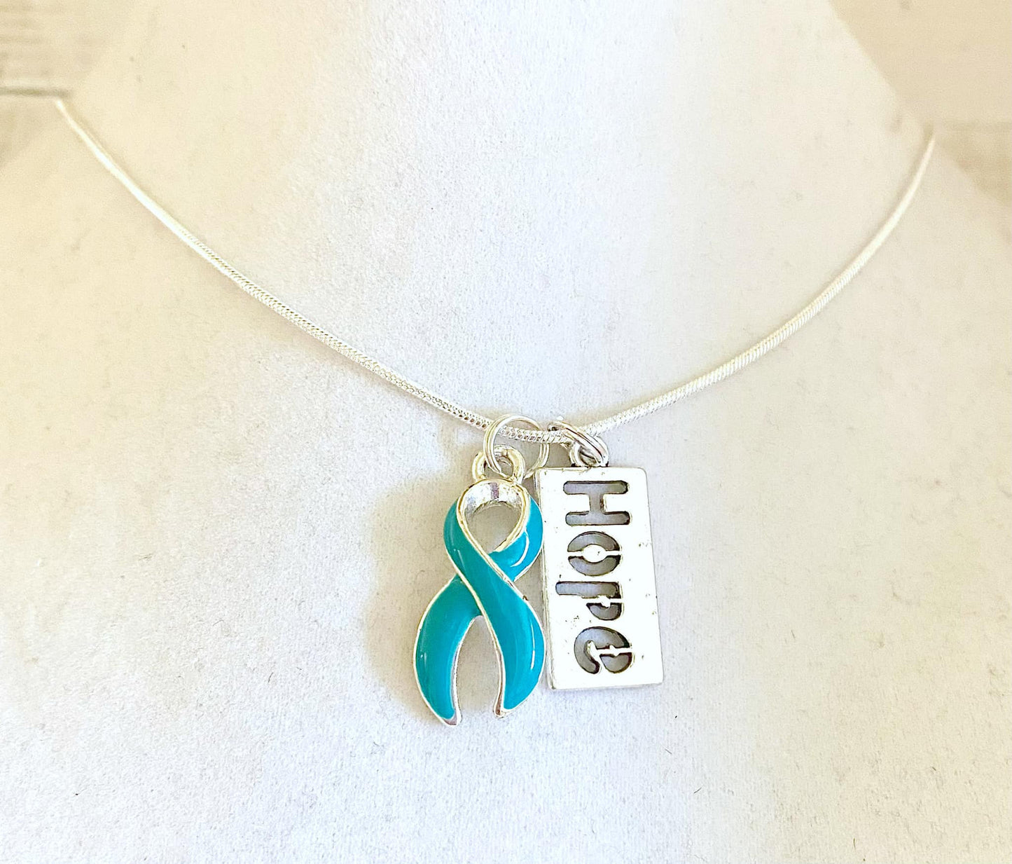 Teal Customizable Awareness Ribbon Charm Necklace with Optional Add On Charms