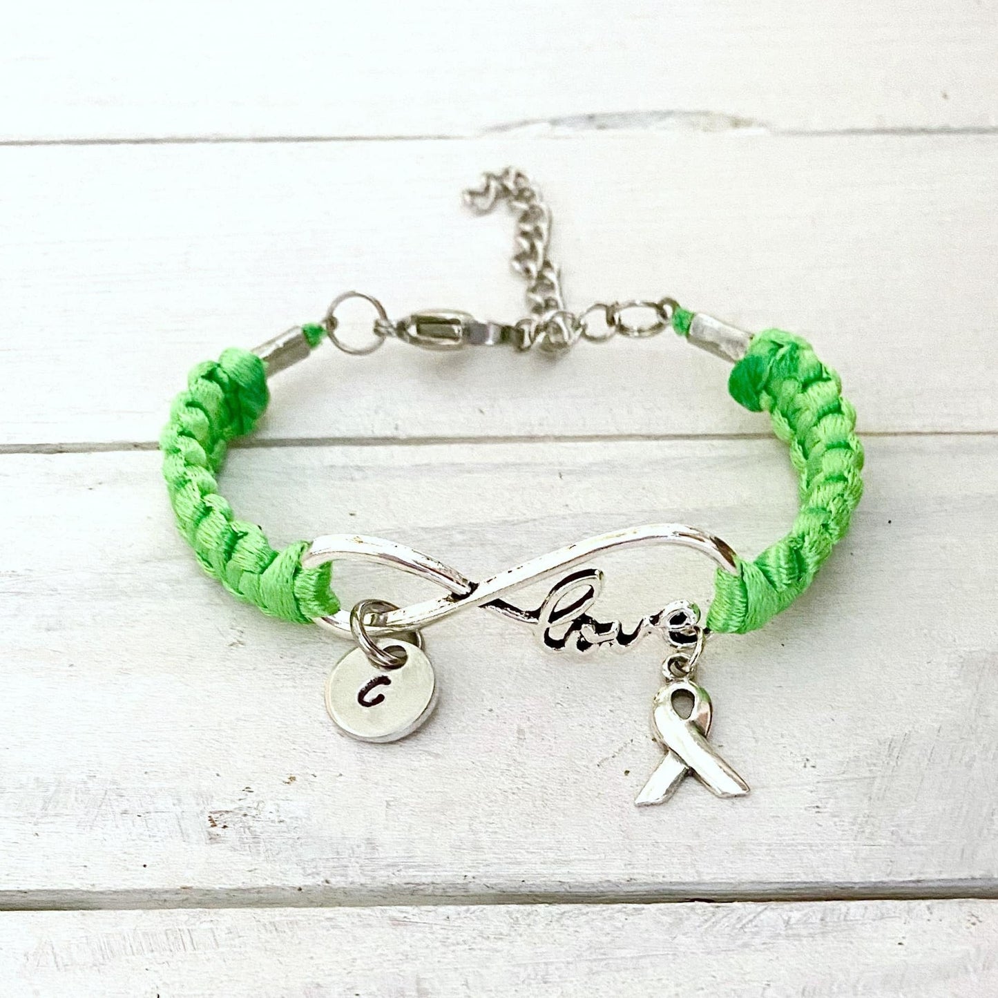 Lime Green Lymphoma Love Awareness Ribbon Charm Bracelet With Optional Hand Stamped Alphabet Initial Charm