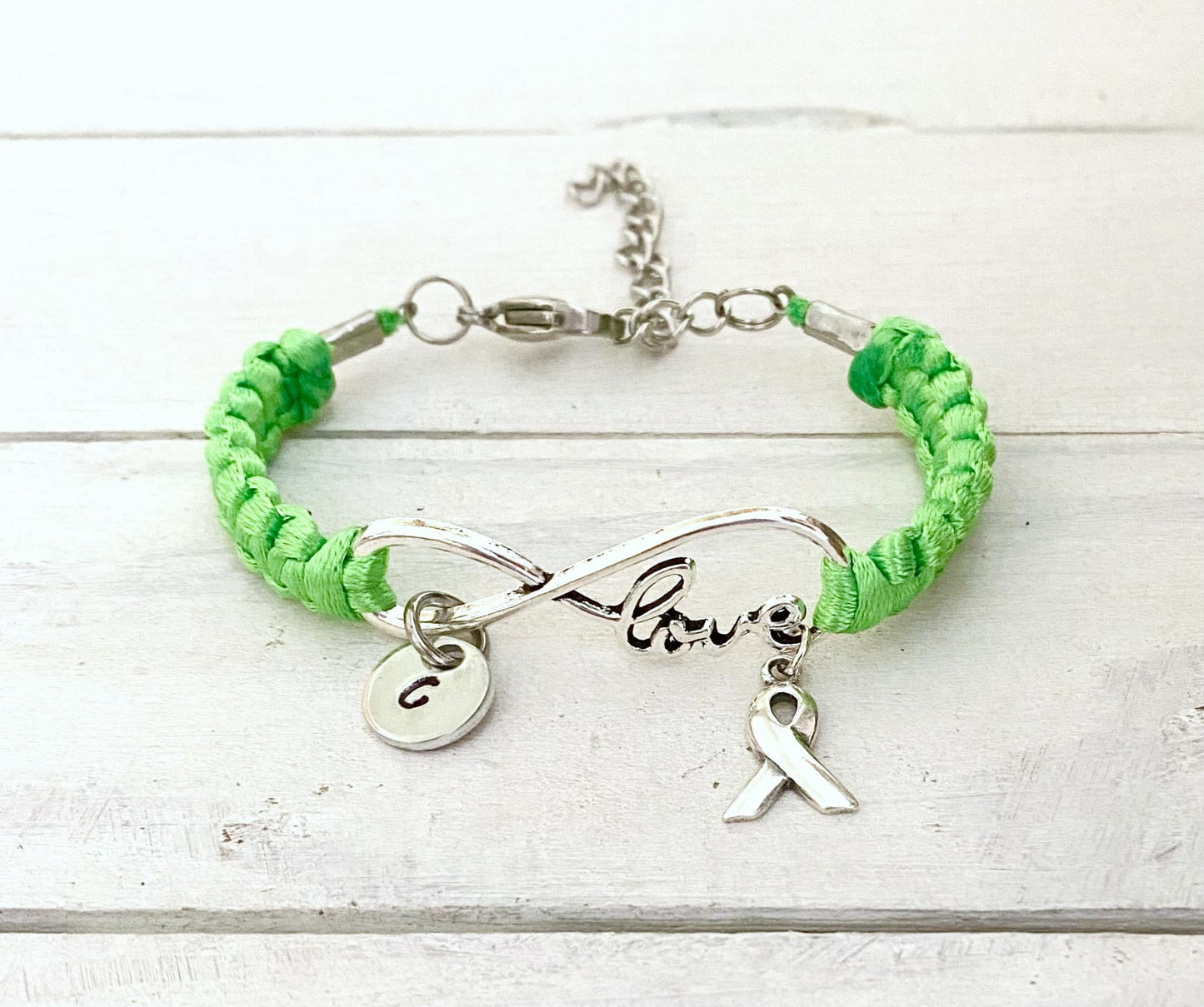 Lime Green Lymphoma Love Awareness Ribbon Charm Bracelet With Optional Hand Stamped Alphabet Initial Charm