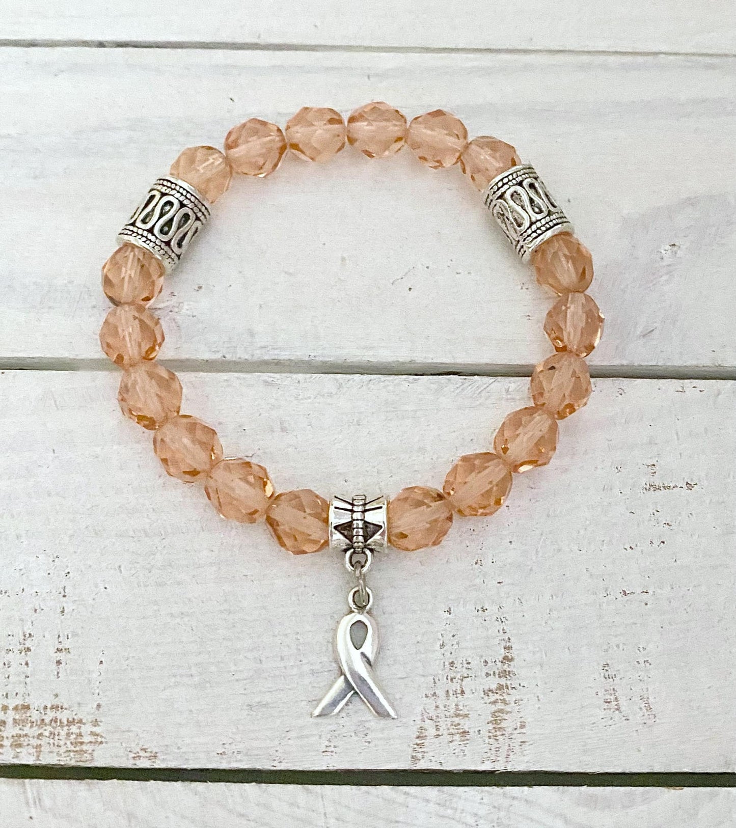 Peach Uterine Cancer Awareness Ribbon Beaded Charm Bracelet