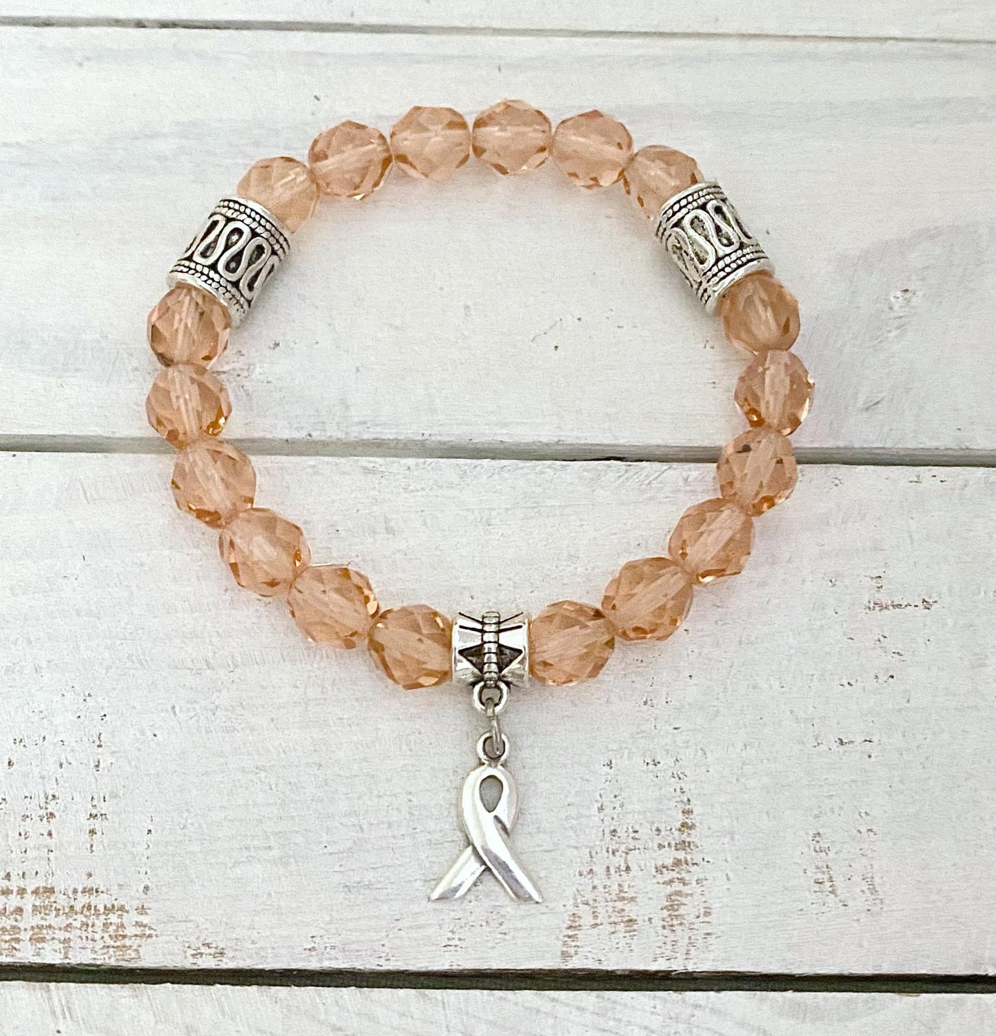 Peach Uterine Cancer Awareness Ribbon Beaded Charm Bracelet